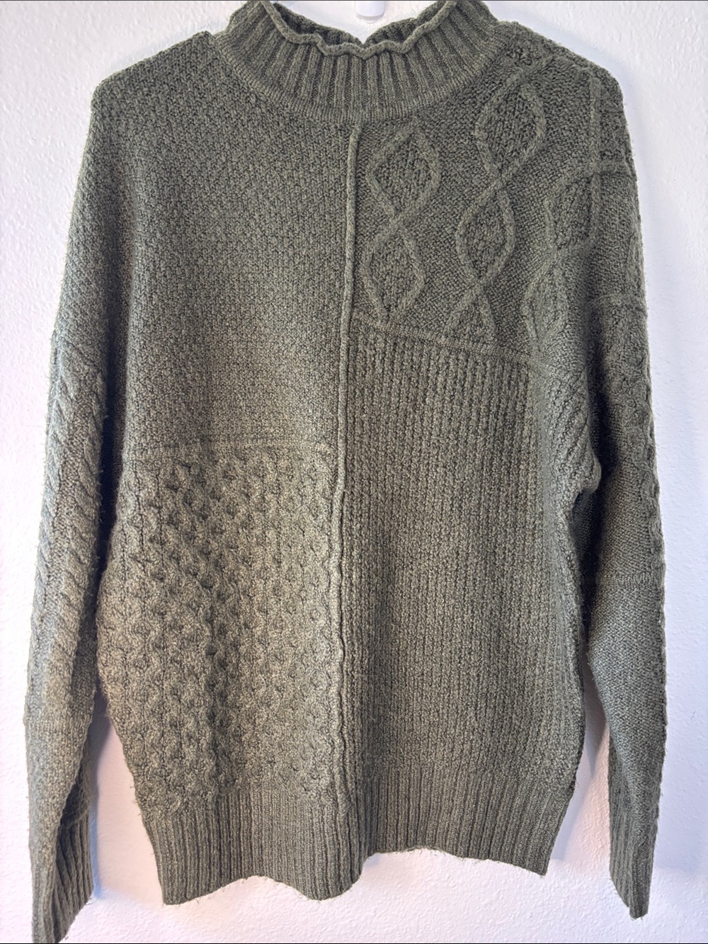 American Eagle Outfitters Olive Patchwork Cable Mock Turtleneck Sweater